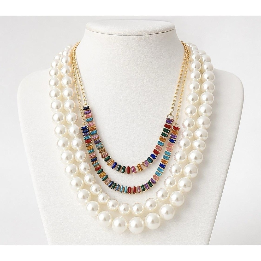 Faux Pearl Rainbow Chunky Crystal Layered Necklace Gold Tone Fashion Jewelry